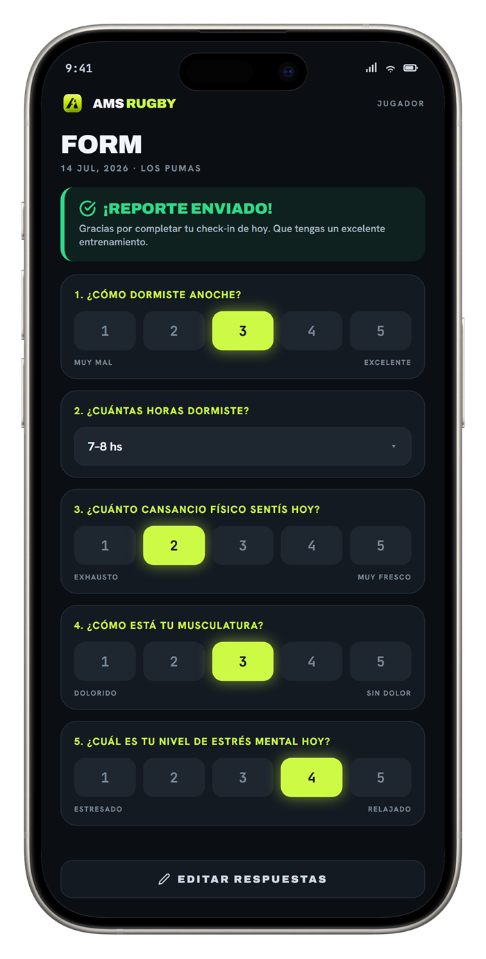 Check-in diario completado en AMS Rugby