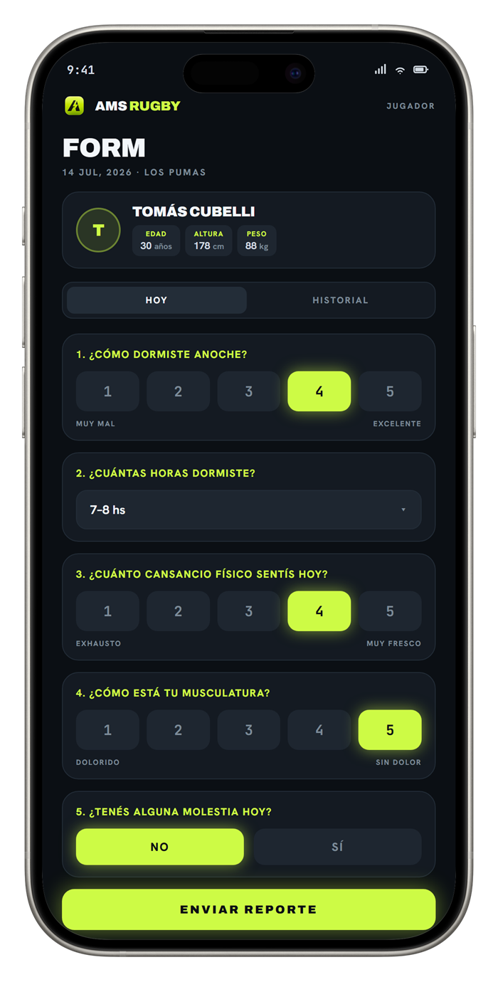 Check-in diario del jugador en AMS Rugby